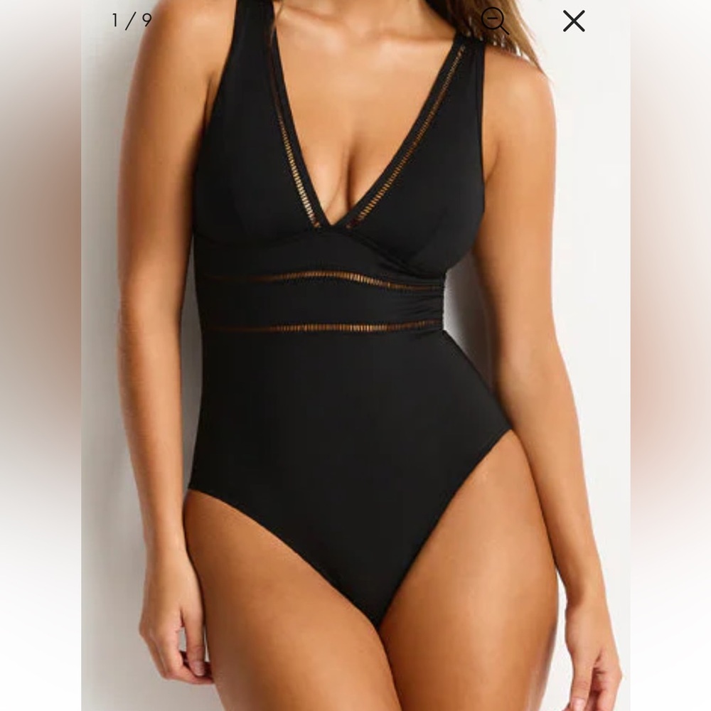 NWT Sea Level Plunge V‑Neck Black One‑Piece Swimsuit with Sheer Trim Sz 12